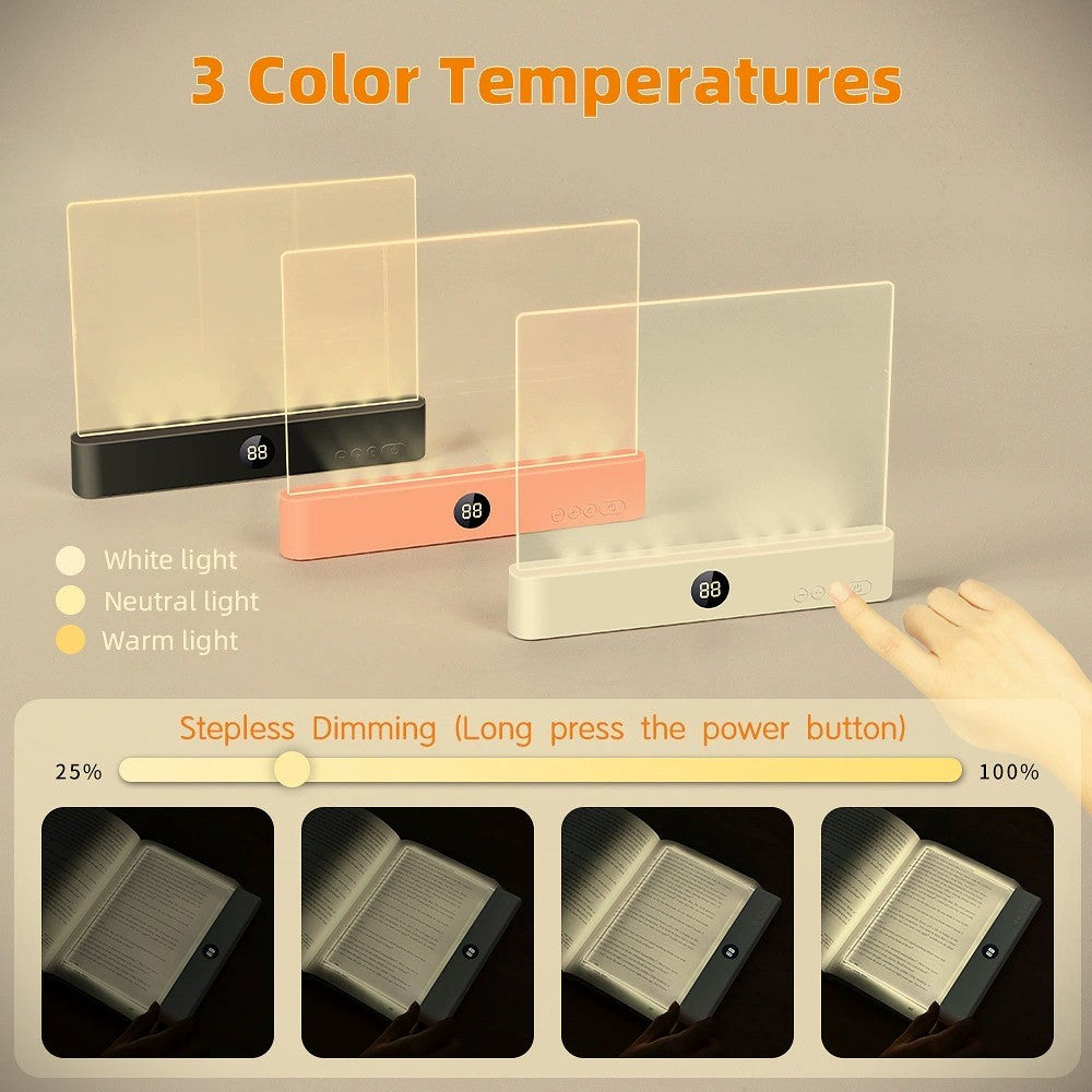 En stilren 2-i-1 boklampa med mjukt, riktat LED-ljus. Tre färgtemperaturer, steglös dimning och inbyggd timer – perfekt för kvällsläsning utan att störa andra.